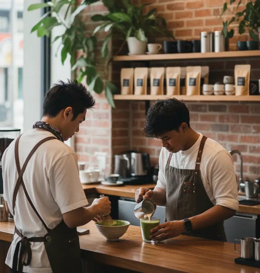 Two baristas preparing KAIA Origin matcha latte in a specialty café, whisking with chasen and pouring milk into a glass
