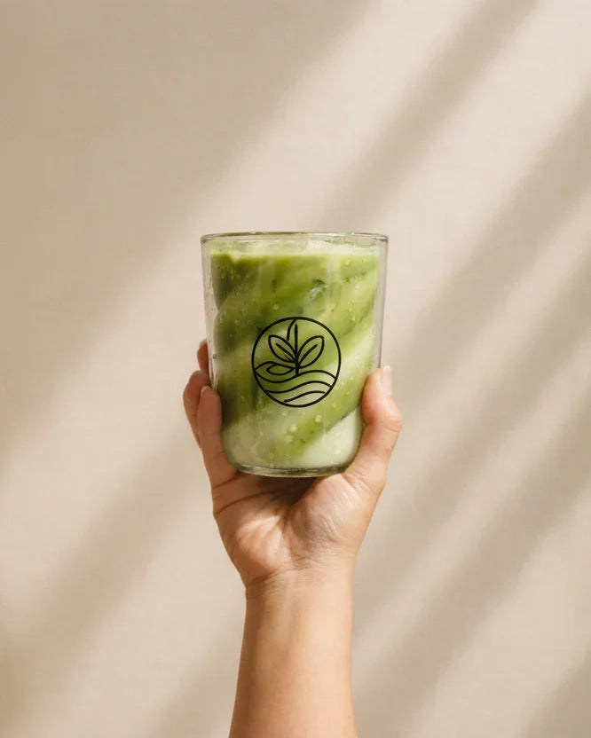 Hand holding a KAIA Origin iced matcha latte in a glass with logo, warm minimalist background