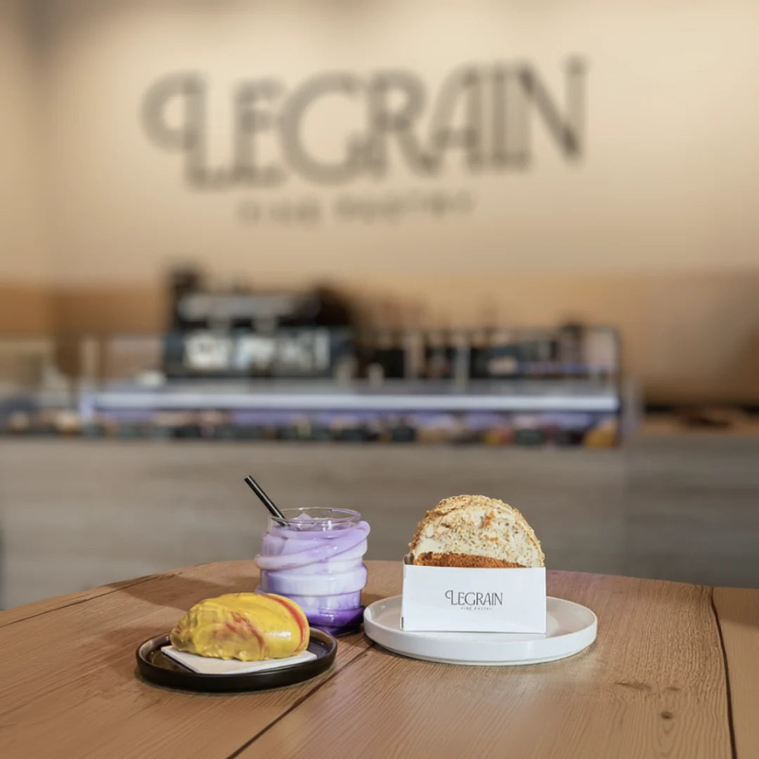 KAIA Origin ube latte served at Legrain Fine Pastry, Belgian B2B partner using premium freeze-dried purple yam powder