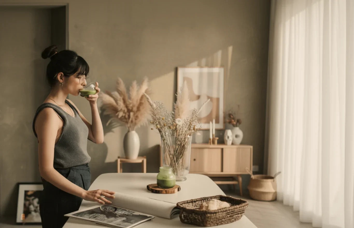 Woman savouring a KAIA Origin matcha latte in a sunlit, minimalist interior, with dried pampas and natural decor