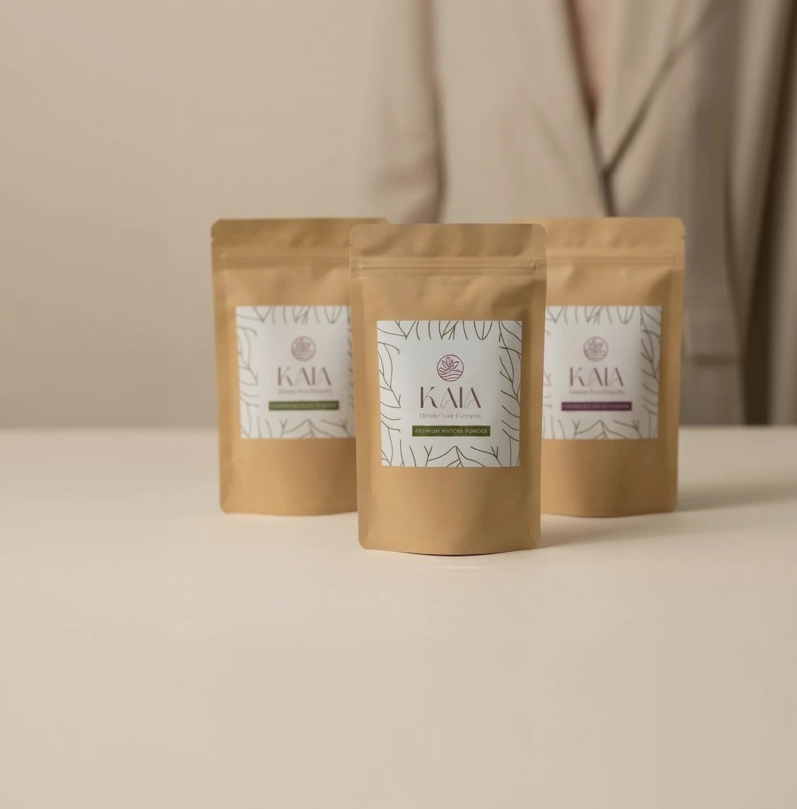KAIA Origin premium powders trio: matcha, ube and pandan in kraft pouches, Belgian brand