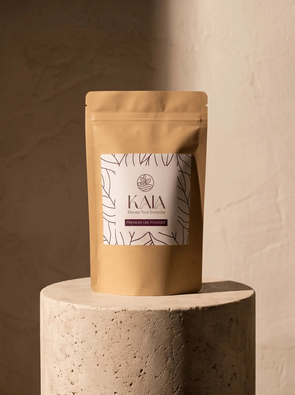 KAIA Origin premium ube powder 100g pouch in editorial  setting, Belgian freeze-dried purple yam premium packaging